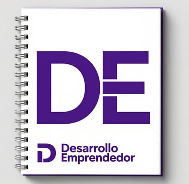 Desarrollo Emprendedor purple logo on a white spiral notebook for business branding and planning.