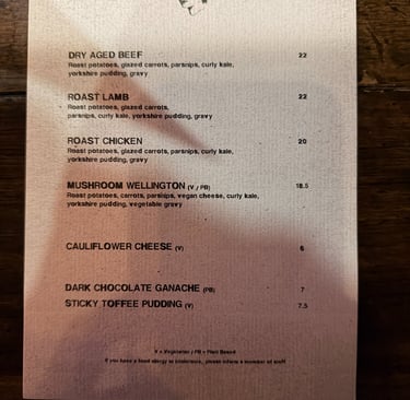 The Queens Head menu, London 2025