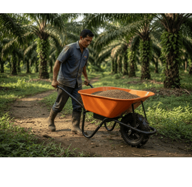 Worker pushing an orange e-wheelbarrow full of fertilizer through a tropical palm oil plantation.