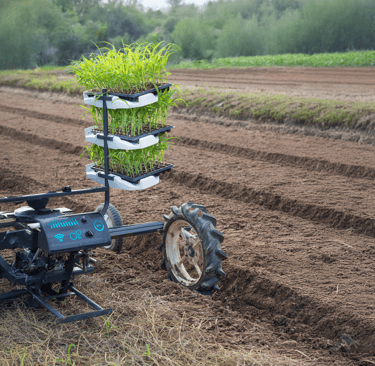 A compact mechanical vegetable transplanters planting young green seedlings in a tilled farm field.