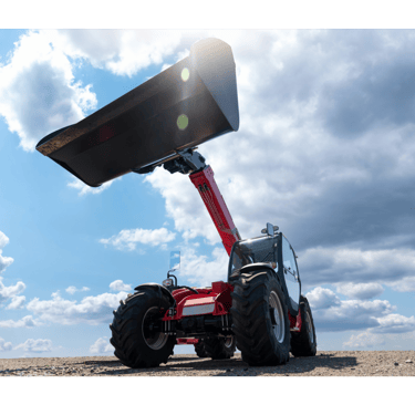 Light front loaders for small tractors lifting a heavy-duty bucket attachment.