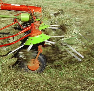A red and green rotary hay tedder turning and drying cut grass in a farm field.