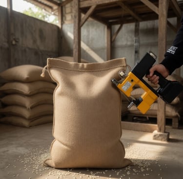 A portable hand-held bag sewing machine sealing a burlap sack filled with grain in a warehouse.