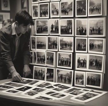 A warm, inviting office space with genealogy books and old family photos on the wall.