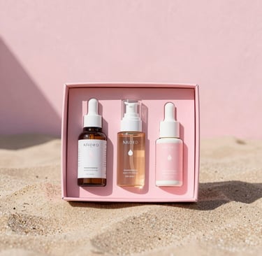Tres frascos de productos para el cuidado de la piel en una caja de regalo rosa