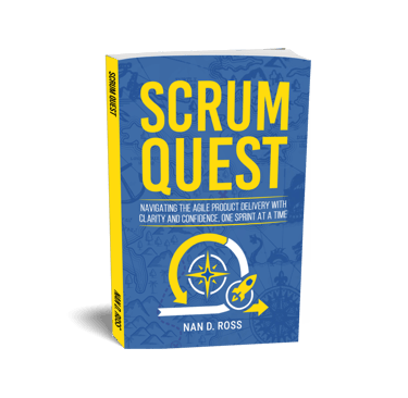 Scrum Quest book cover by Nan D. Ross, featuring agile project management and sprint delivery themes.