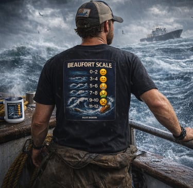 A sailor on a stormy ship wearing a Beaufort Scale t-shirt with wave graphics and emojis.