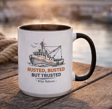 Steaming coffee mug with a fishing boat illustration and nautical quote on a wooden dock.