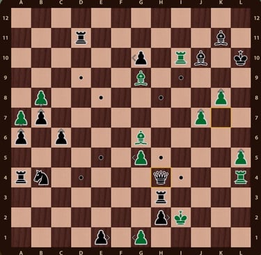 Problema Quaternity en un tablero de 12x12 con 144 casillas y 4 ejercitos de colores. Mueven verdes.