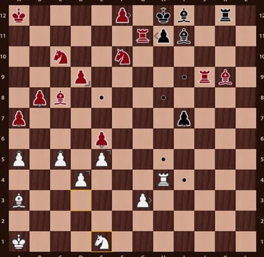 Problema Quaternity en un tablero de 12x12 con 144 casillas y 4 ejercitos de colores. Mueven rojass.