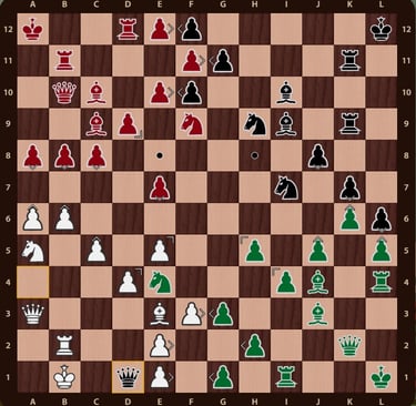 Problema Quaternity en un tablero de 12x12 con 144 casillas y 4 ejercitos de colores. Mueven verdes.