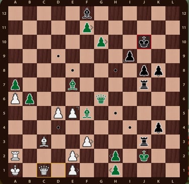 Problema Quaternity en un tablero de 12x12 con 144 casillas y 4 ejercitos de colores. Mueven verdes.