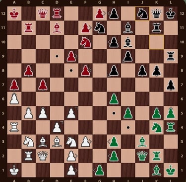 Problema Quaternity en un tablero de 12x12 con 144 casillas y 4 ejercitos de colores. Mueven verdes.