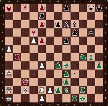 Problema Quaternity en un tablero de 12x12 con 144 casillas y 4 ejercitos de colores. Mueven negras