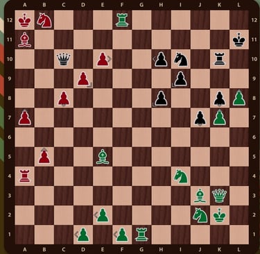 jaque mate con clavada de caballo con torre verde que impide que el caballo capture la reina negra 