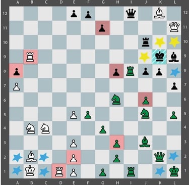 Rey zombi en un tablero de 144 casillas 4 ejercitos de colores y mueven blancas.