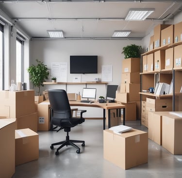 Modern office with desks and wood accents.