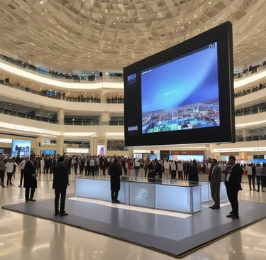 A vibrant outdoor event in Riyadh with colorful lighting and a lively crowd.