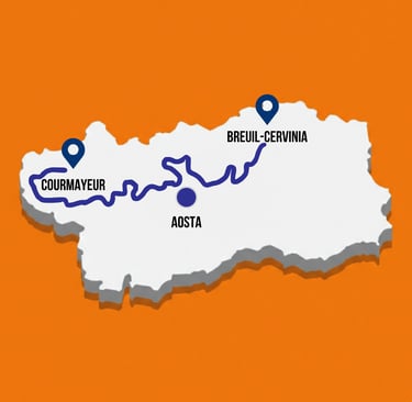 Map of the M2M gravel route from Breuil-Cervinia to Courmayeur through the Aosta Valley