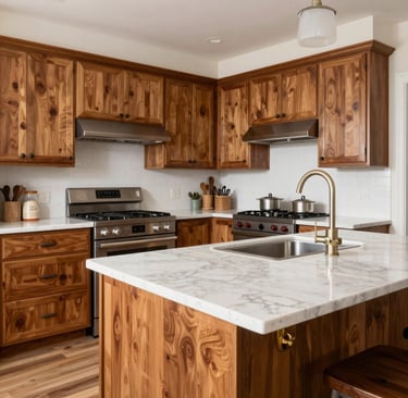 A freshly remodeled kitchen with warm wood cabinets and modern fixtures bathed in natural Texas sunlight