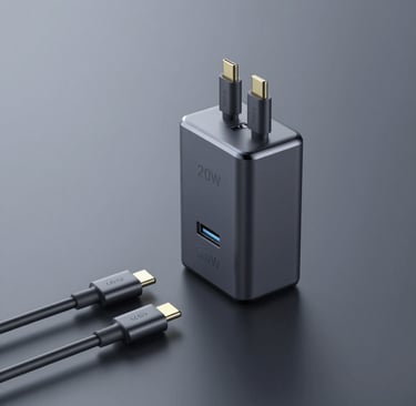 Close-up of a sleek futuristic charging cable glowing with electric blue neon light on a dark background.