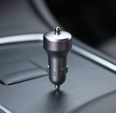 Close-up of a sleek zelvix™ fast charger glowing with electric blue neon accents on a dark futuristic surface.