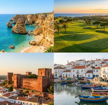 Collage of Algarve attractions including Praia da Marinha, golf courses, Silves Castle, and Ferragudo harbor.