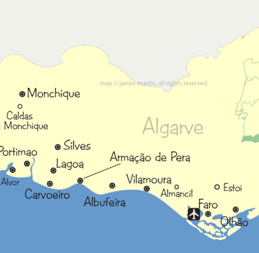 A map of the Algarve region in southern Portugal featuring major cities like Faro, Lagos, and Albufeira.