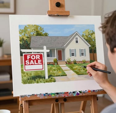 Artist painting a custom house portrait on canvas featuring a for sale sign for real estate marketing.