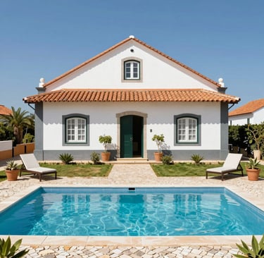 Luxury white villa with swimming pool and lounge chairs in a sunny tropical garden.