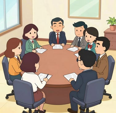 Cartoon business team having a productive office meeting at a round conference table.