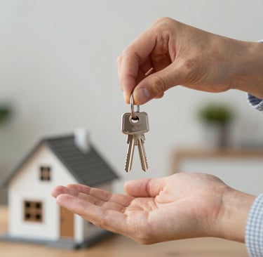 A person handing over house keys to a new homeowner with a model home in the background.