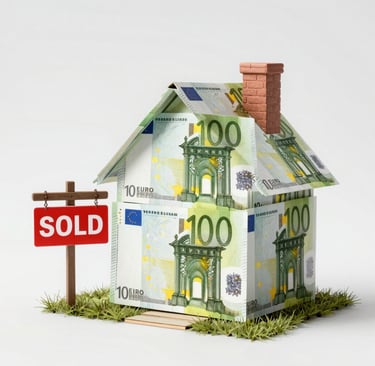 A house model made of Euro banknotes with a red sold sign on a white background.