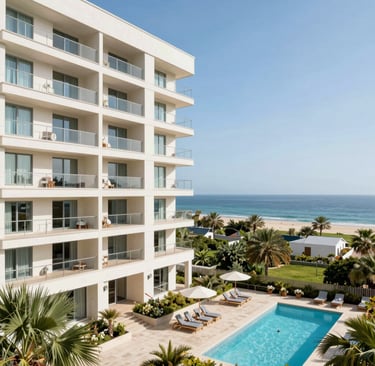 Luxury beach resort with ocean view balconies, tropical pool deck, and palm trees.