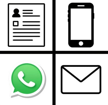 Communication icons featuring a resume document, smartphone, WhatsApp logo, and email envelope.