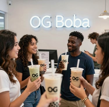Friends laughing and sharing boba drinks together, embodying the good vibes OG Boba stands for.