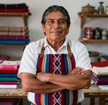 Retrato de un artesano veterano que lleva un delantal tejido tradicional y colorido en un taller