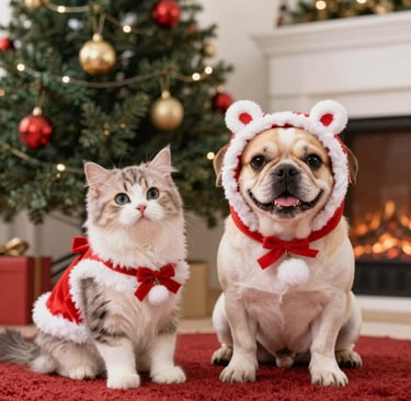 Un simpático gato y un perro vestidos con trajes navideños de Papá Noel están sentados