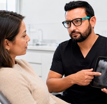 Dr. Juan Miguel Narváez explica a una paciente el dolor después de una endodoncia en consulta 