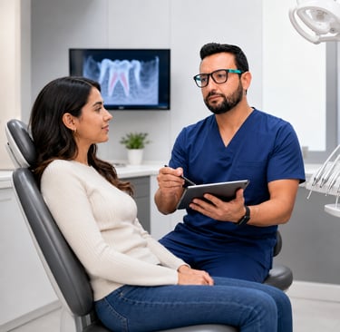 Dr. Juan Miguel Narváez explica cuidados después de una endodoncia a una paciente en consulta odonto