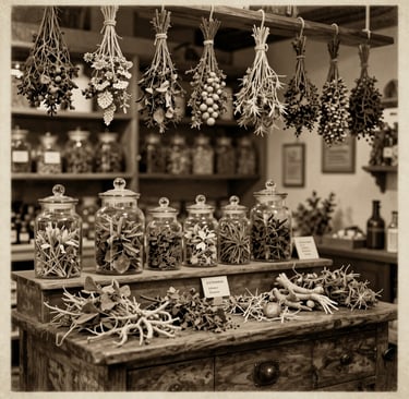 A rustic wooden shelf filled with glass bottles of essential oils and dried herbs, bathed in soft natural light.