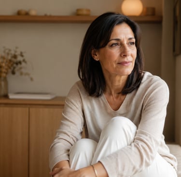 Thoughtful mature woman sitting on a window seat in a minimalist home interior looking out the window.