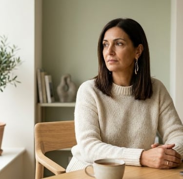 Thoughtful mature woman in a white sweater sitting at a desk with coffee and an olive tree.
