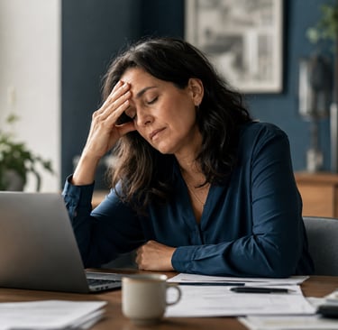 A stressed woman with a headache sitting at a desk with a laptop, experiencing work-related burnout.