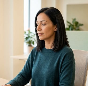 A woman practices mindfulness meditation and deep breathing at her office desk to reduce workplace stress.