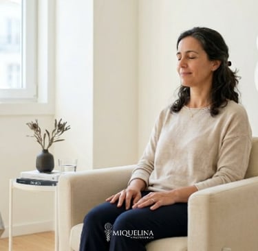 A woman practices mindful meditation while sitting in an armchair during a physiotherapy session.