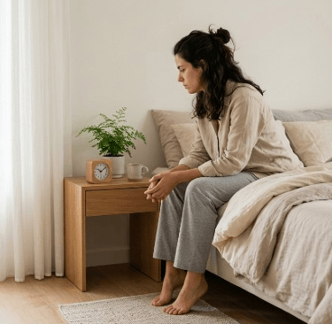 A thoughtful woman sitting on a bed edge in a bright bedroom, reflecting on mental health and wellness.