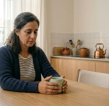 A thoughtful middle-aged woman sitting at a wooden kitchen table holding a coffee mug.