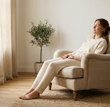 A woman relaxing in a beige armchair in a minimalist living room with a neutral aesthetic.