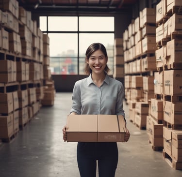 A friendly person holding a package at a doorstep, smiling.